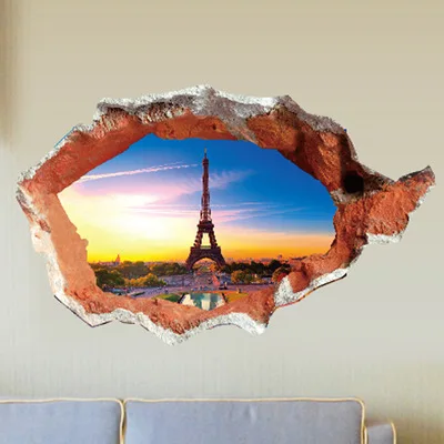 3D Париж Эйфелева Башня Стикер Стены Через Кирпич Наклейка Детская Комната Декор Стикеров Стены Домой Съемный Обои Декор