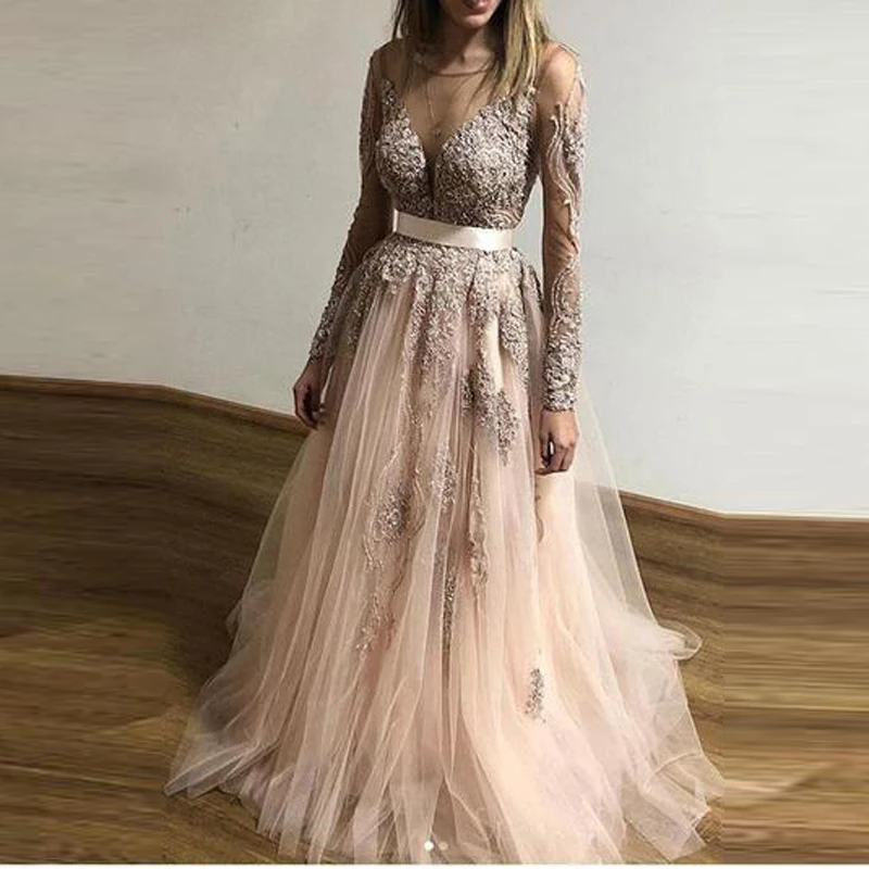

2019 Champagne Lace A-line Evening Gowns See Thru Full Sleeves Long Formal Prom Gowns Appliques Custom Made