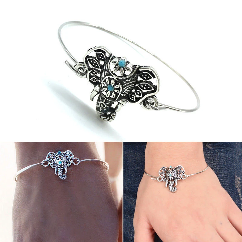 Women Retro Ethnic Boho Hollow Elephant Totem Bangle Bracelet Cuff Jewelry