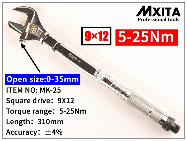 

MXITA OPEN wrench Insert Ended head Torque Wrench 9X12 5-25Nm Adjustable Torque Wrench Interchangeable Hand Spanner