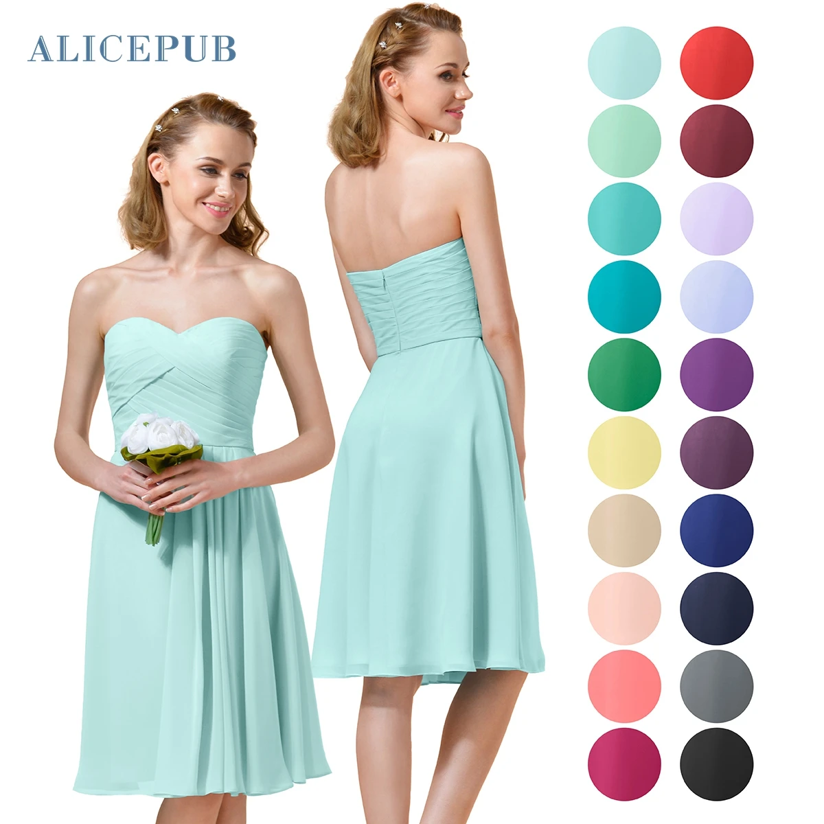 Alicepub Chiffon Bridesmaid Dresses Short Strapless Wedding Prom