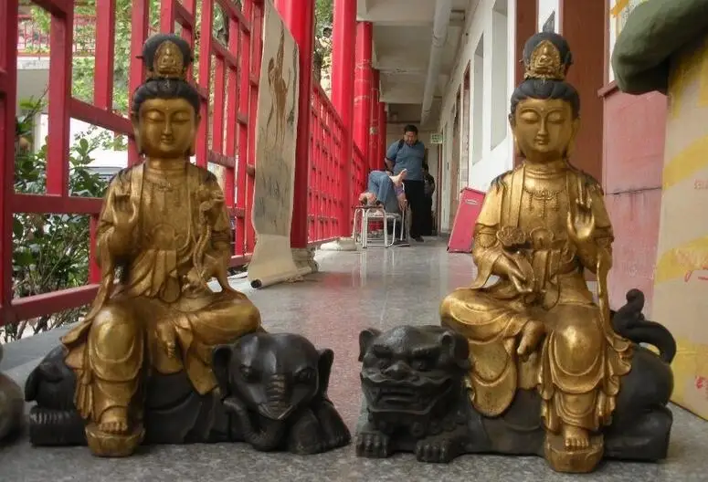 

23"China Buddhism Bronze Gild manjusri samantabhadra Bodhisattva Buddha pair
