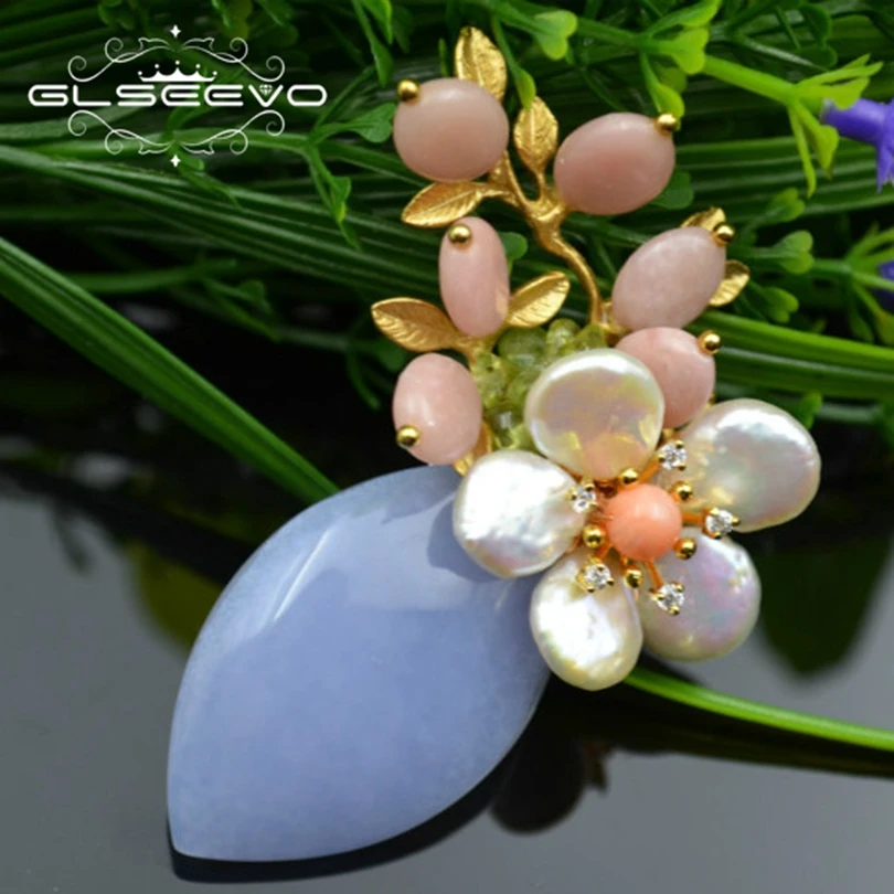 

GLSEEVO Natural Fresh Water Baroque Pearl Flower Brooch Pin Blue Chalcedony Brooches For Women Dual Use Luxury Jewelry GO0157
