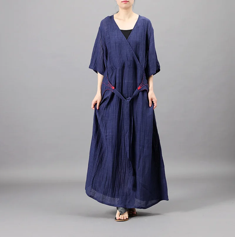 

Johnature New Clothes Casual Summer Dress Loose Solid Short Sleeve Embroidery Mid-calf Length V-neck Linen Women Dress