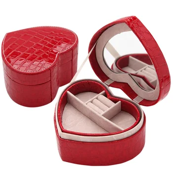

Crocodile Leather Heart-shaped Women's Mini Stud Earrings Rings Jewelry Box Useful Makeup Organizer Travel Portable Jewelry Box