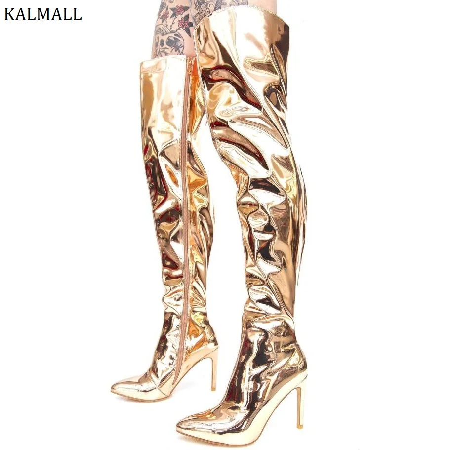 knie Zip Leder Über Silber Stiefel silver Gold Seite Spitz rose Winter Kalmall Frauen Hohe Gold Motorrad Oberschenkel Patent die nwqgtABY