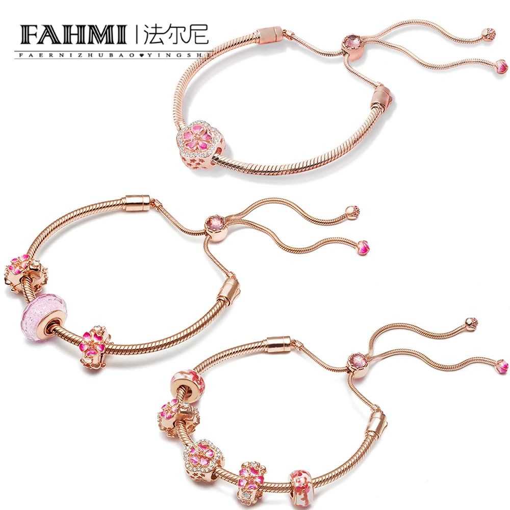 

FAHMI 100% 925 Sterling Silver Romantic Peach Strings Bracelet Gift Set Rose Gold Retractable Fashion Good Jewelry Original