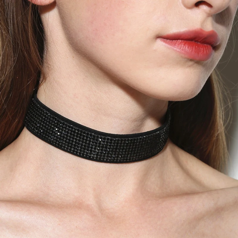 

2017 New Punk Shining Black Rhinestone Diamante Choker Necklace for Women Simple Chocker Collar Neck Jewelry Girls Gift XR406-2