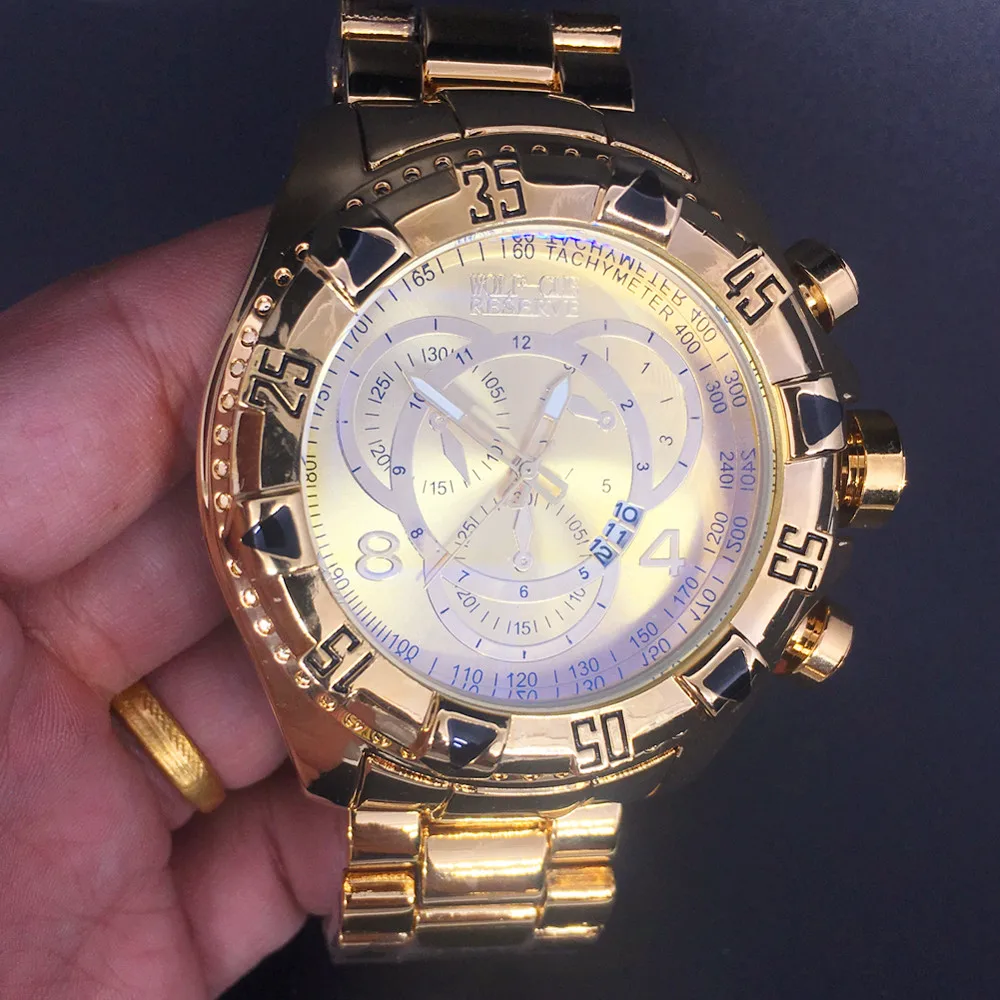 WOLF-CUB Relogio Masculino мужские модные креативные часы с большим циферблатом роскошные золотые Стальные кварцевые наручные часы водонепроницаемые мужские часы