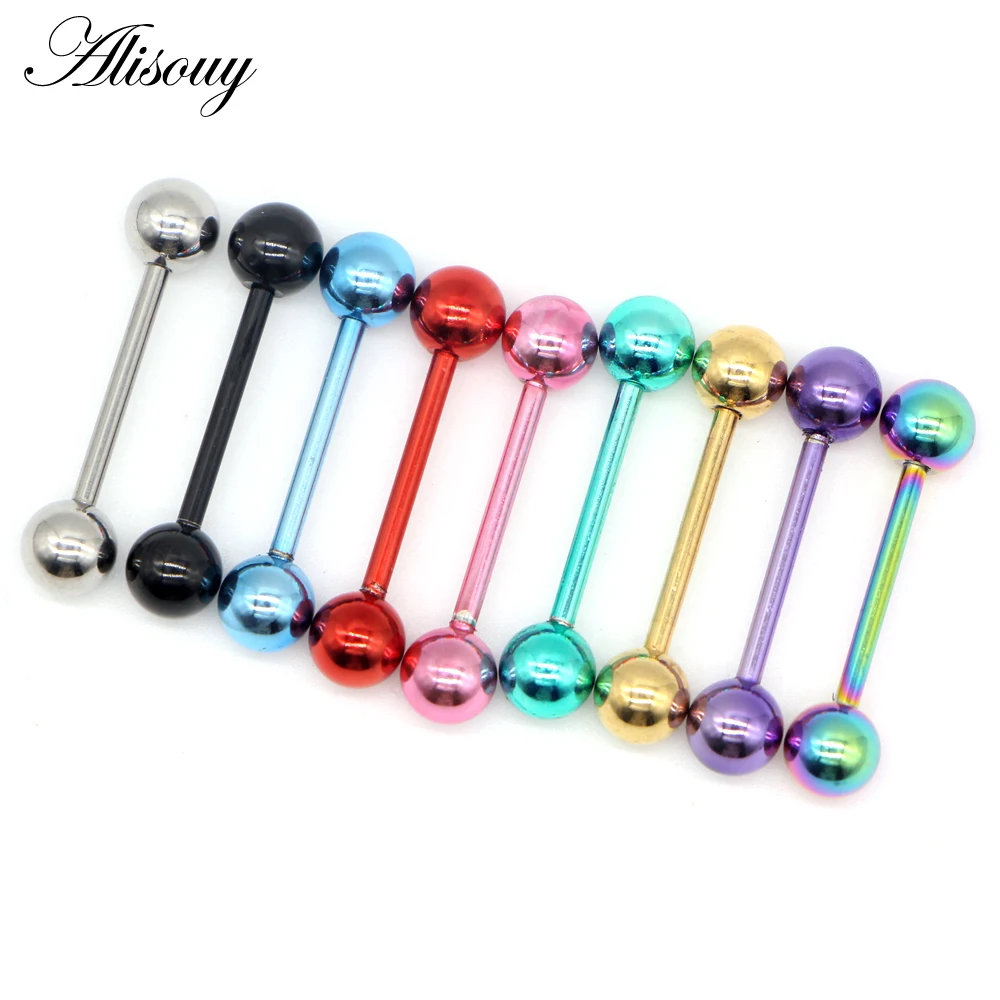 

Alisouy 1 PC 14G 9 Colors Tongue Piercing Septum ear Cartilage nailTunnels Ear Plugs labret lip Body piercing Jewelry 1.6*16*6mm