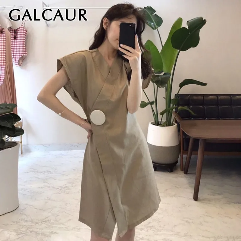 

GALCAUR Summer Casual Solid Side Split Button Dress For Women V Neck Short Flare Sleeve Linen Slim Knee Length Female Dresses