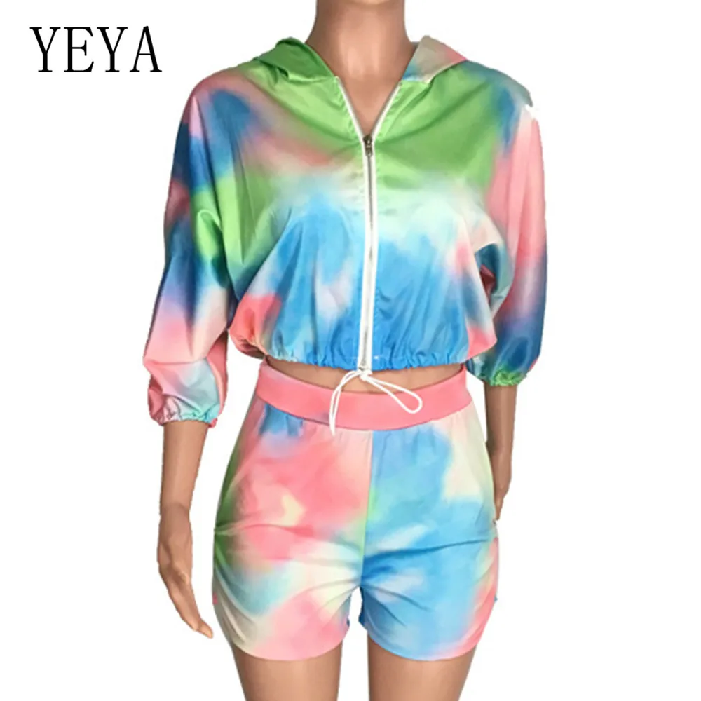 YEYA Elegant Gradient Tie Dyed 2 Pieces Sets Hooded Zipper Top+slim Pants Women Vintage Sport Jumpsuits Autumn Casual Playsuits YEYA Elegant Gradient Tie Dyed 2 Pieces Sets Hooded Zipper Top+slim Pants Women Vintage Sport Jumpsuits Autumn Casual Playsuits
