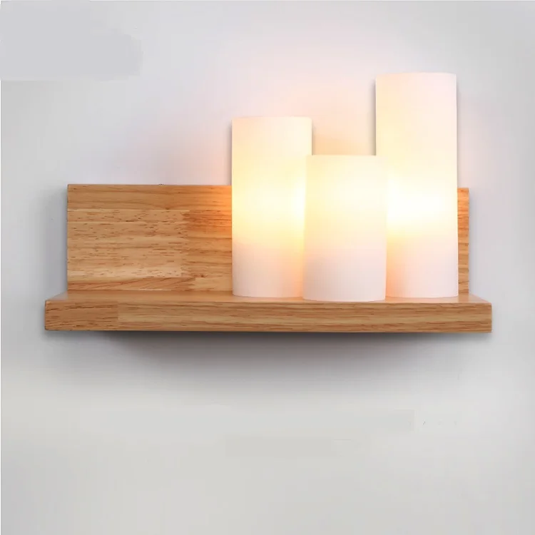 Modern simple candle wall lights solid wood+white Glass shade bedroom