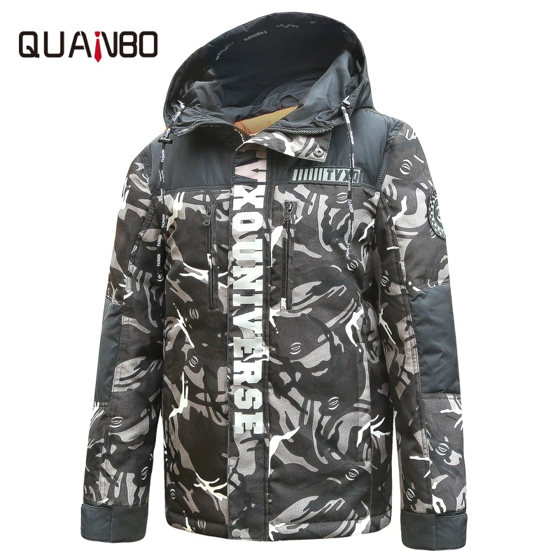 

QUANBO Winter Jacket 2019 Detached Waterproof Winter Duck Down Men's Jacket Thick Warm Hooded Coat Camouflage Fashion Jacket