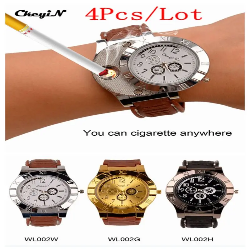 

4Pcs Quartz Watch with USB Electronic Rechargeable Windproof Flameless Cigarette Lighter Watches 2 In 1 Men's Wristwatch 50