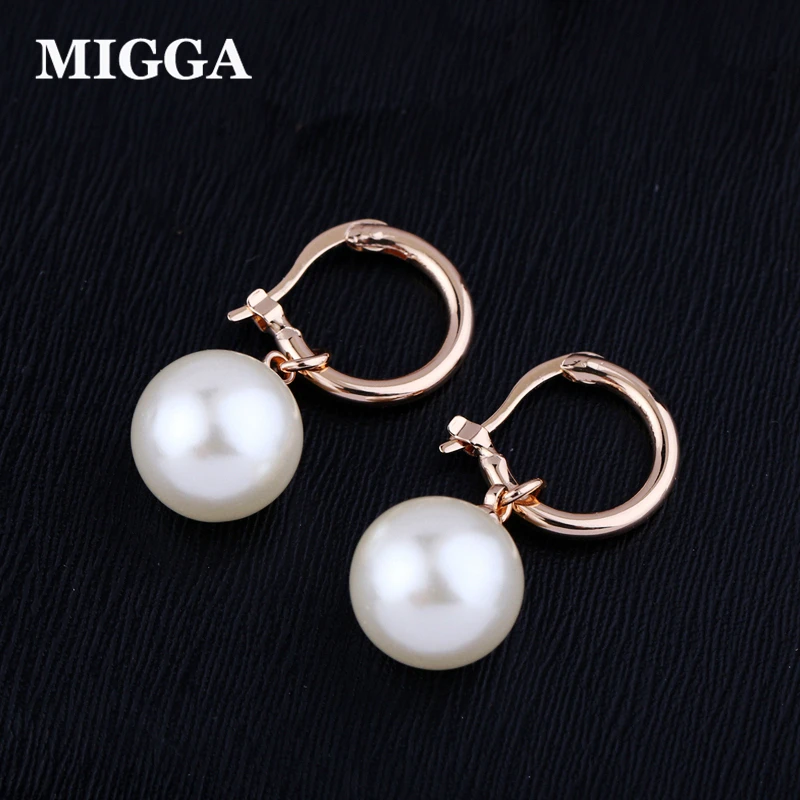 

MIGGA Simple Imitation Pearl Earrings Rose Gold Color Bead Pendant Dangle Earrings Fashion Women Jewelry