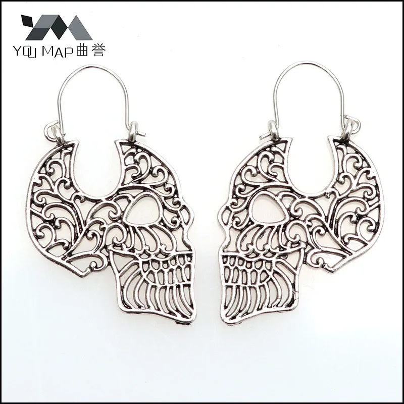 

Halloween Jewelry Skull Drop Dangle Earrings Steampunk Punk Silver Color Vintage Retro Hollow Flower Skeleton Piercing Ear
