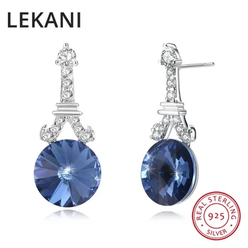 

LEKANI Crystals From SWAROVSKI Blue Round Stud Earrings S925 Silver Piercing For Women Party Wedding Fine Jewelry 2018