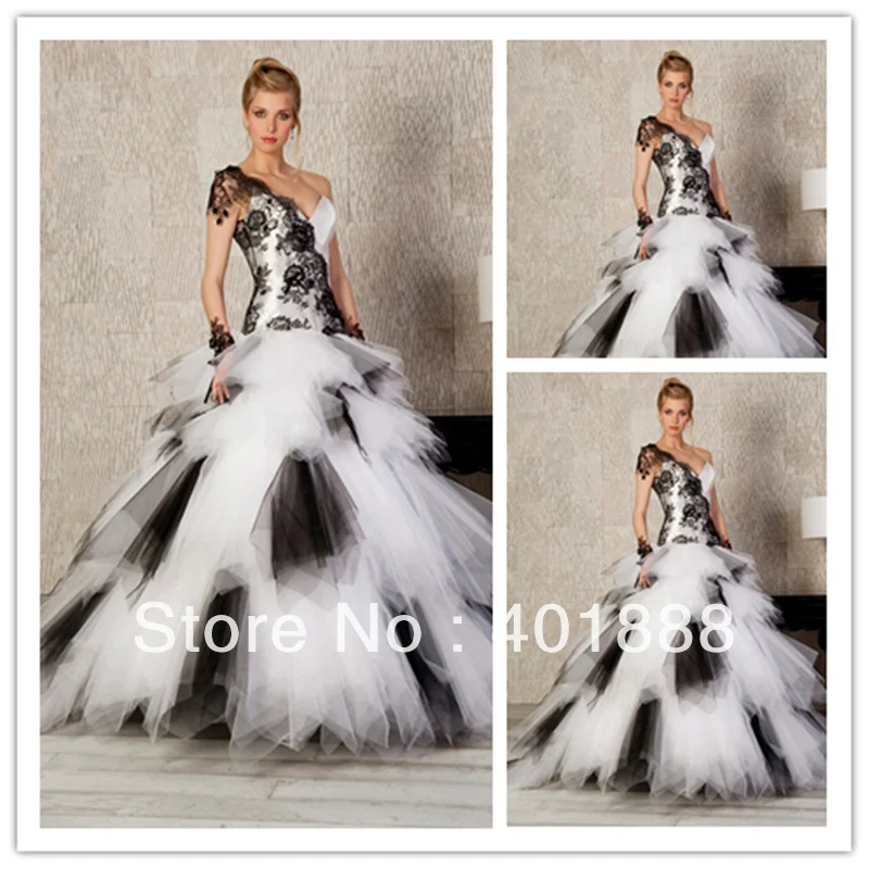 Cheap Black And White Lace Applique Organza Puffy Plus Size