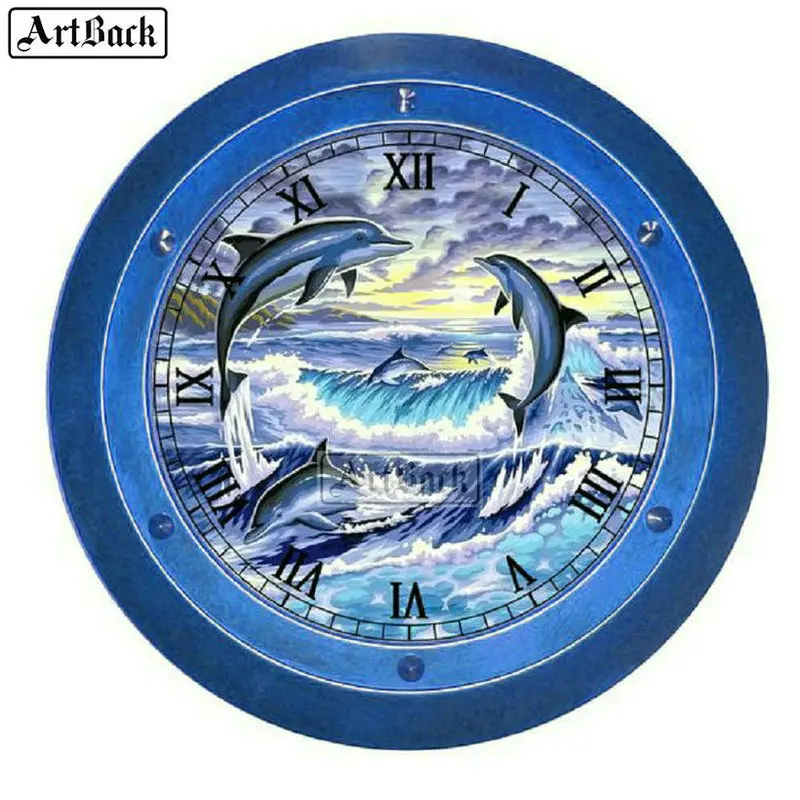 

5d diamond painting clock dolphin pattern full square diamond mosaic set full round diamond embroidery wall clock home decor