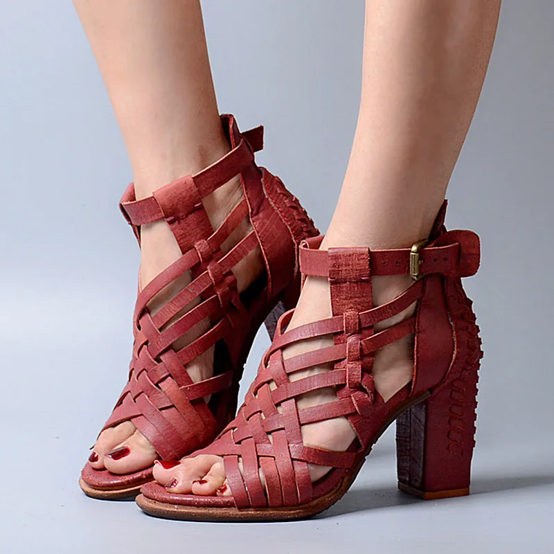 

famous designer High Heels Party Dress Shoes Woman Soft Leather Brand New Gladiator Sandals Women Weave Strap Peep Toe Botas