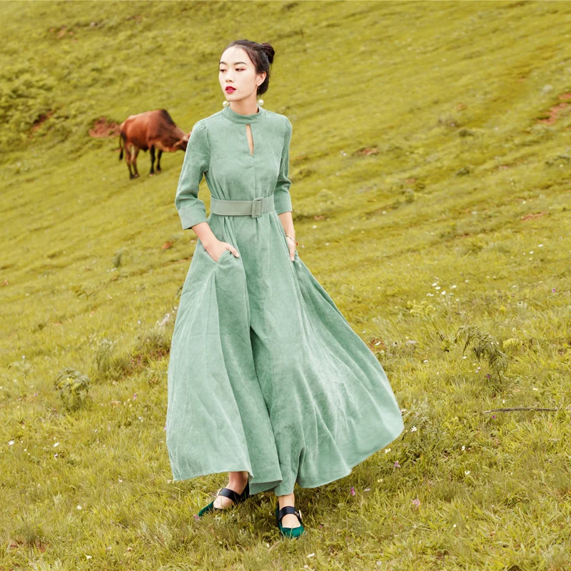 YOSIMI 2018 de mujer largo Vestido de pana Otoño Invierno Maxi Vestido para las mujeres Vintage de manga completa tobillo longitud mujer Vestido verde - 2