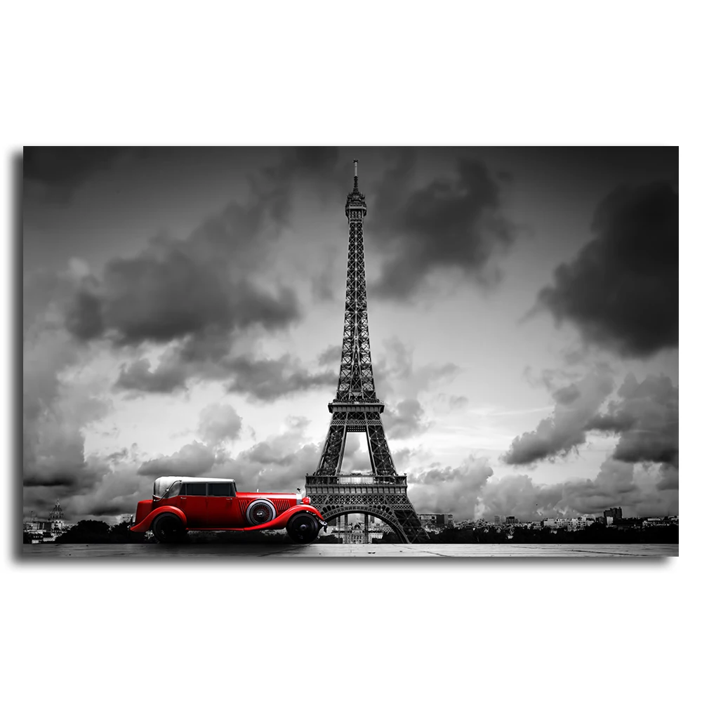 

wall Art picture poster canvas Painting decor for home Black and White Tower with Red umbrella on Paris Street Picture old car