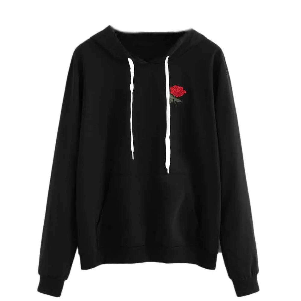 Hoddies Роза вышивка женская мода толстовка блузка Топы черный пуловер с капюшоном