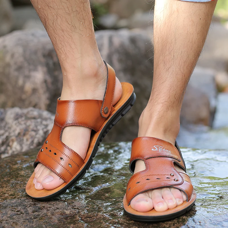 Г. Летние мужские сандалии большого размера модная пляжная обувь из натуральной кожи в британском стиле мужские повседневные массажные Нескользящие шлепанцы на плоской подошве