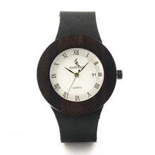 BOBO BIRD Natural Ebony Sandwood Wooden Men s Black Round Genuine Leather Watches Luxuly Women s