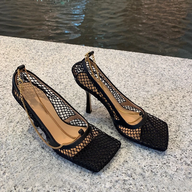 Jady Rose Sexy Mesh Women Pumps Square Toe 9CM High Heels Chain Decor Wedding Dress Shoes Woman Valentine Shoes Ladies Stiletto