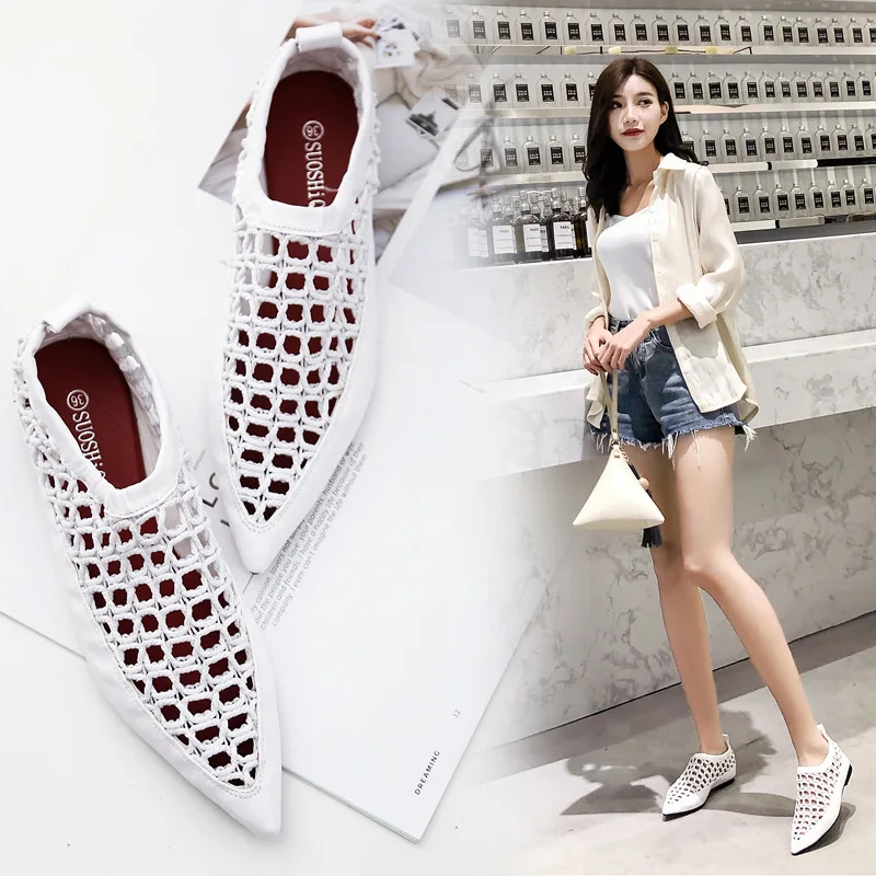 

European luxury pointed toe flat hollow out single shoes woman famous brand breathable sandals girls novelty slip on shoes lady