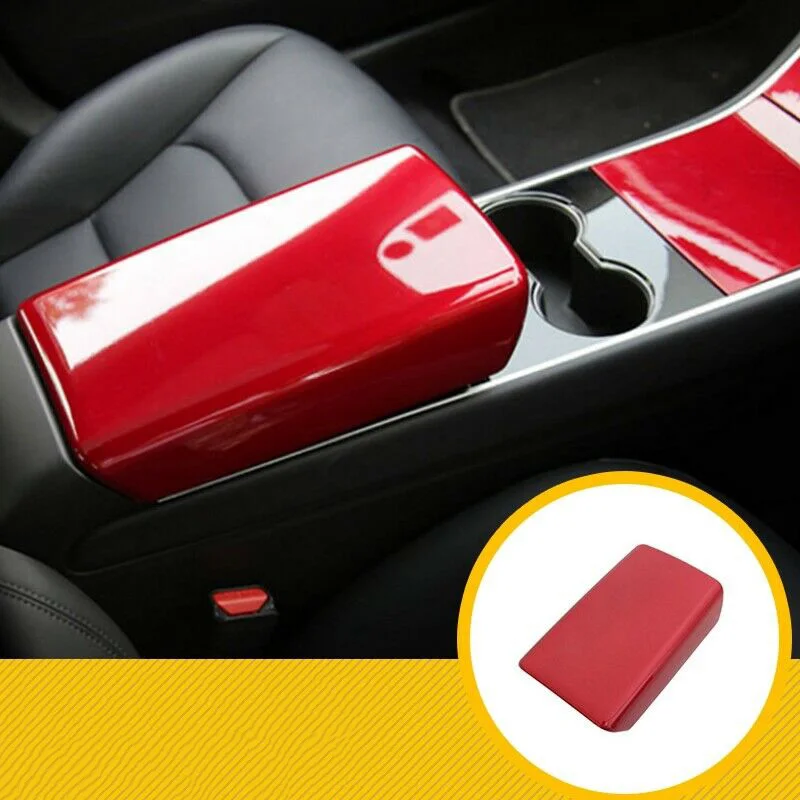 

1pc Auto Interior Armrest Cover Trim High Quality Red ABS Auto Center Decorative Cover Trims For Tesla Model 3 2018-2019
