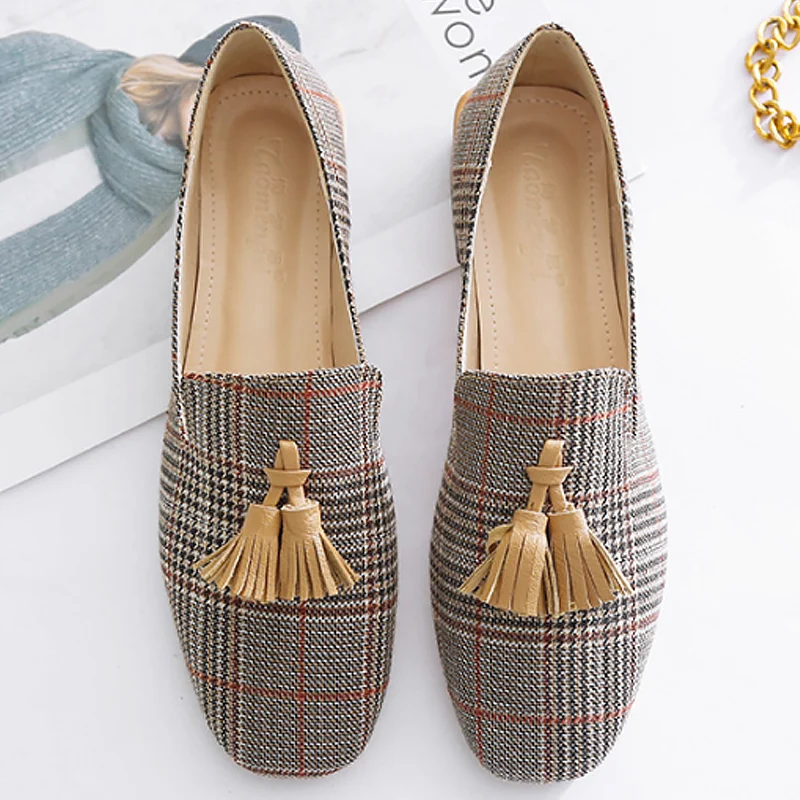 

Plus size 41/42/43 Flat boat shoes for women Fringe Spring Fashion Womens flat shoes Gingham Canvas Female shoes