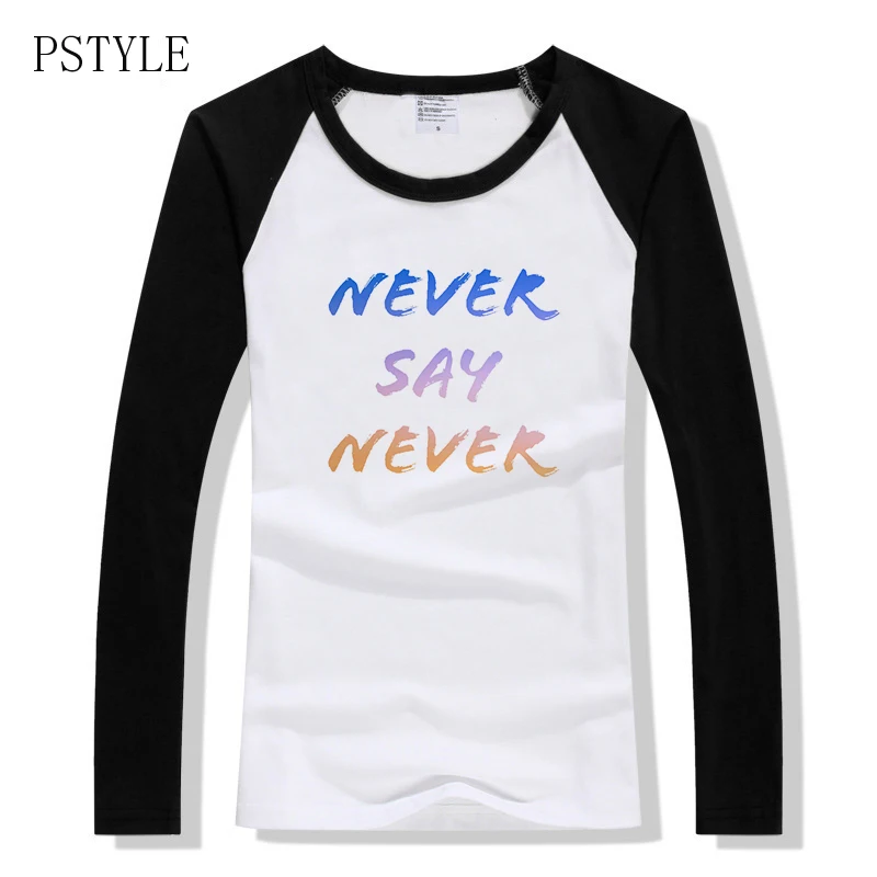 

Never Say Never Letter Print T Shirt for Women Raglan Long Sleeve Casual Tshirt Harajuku Streetwear T-shirt Graphic Tees Women