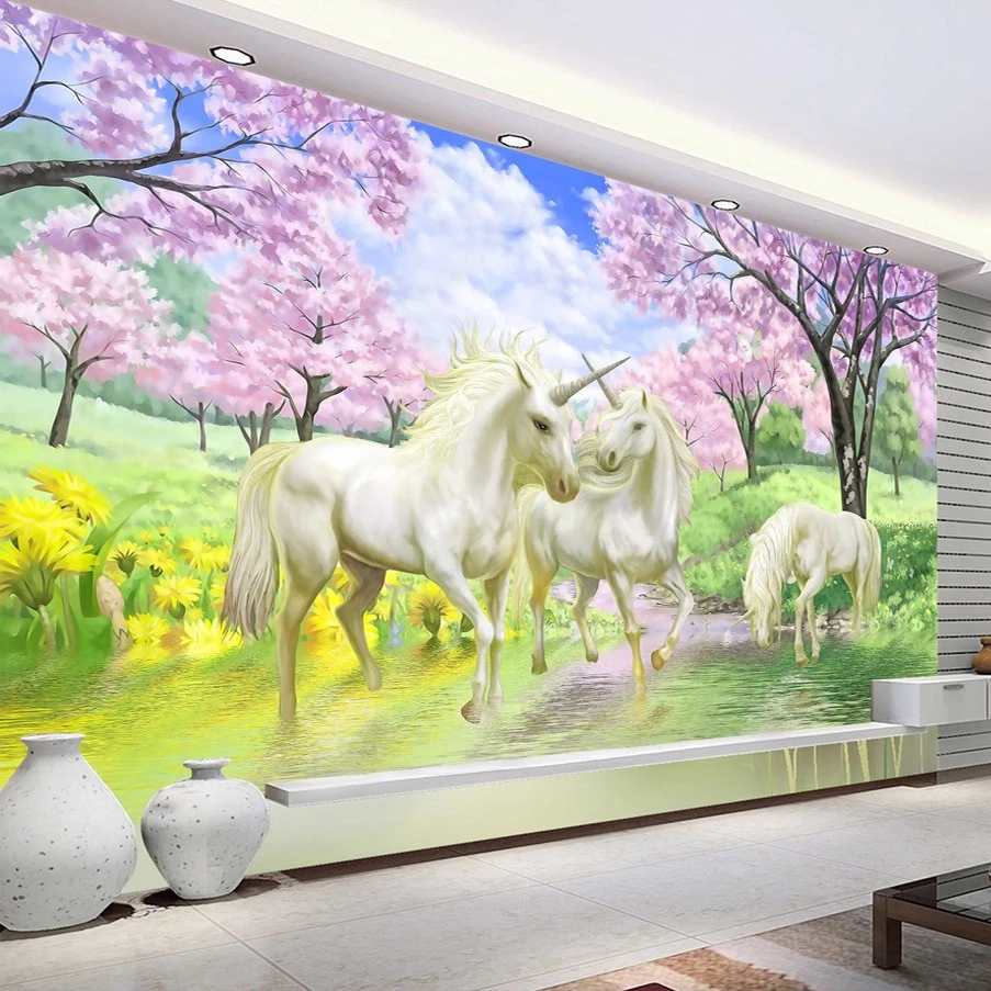 

beibehang Custom 3D Mural Unicorn Dream Cherry Blossom TV Background Wall Pictures For Kids Room Bedroom Living Room Wallpaper