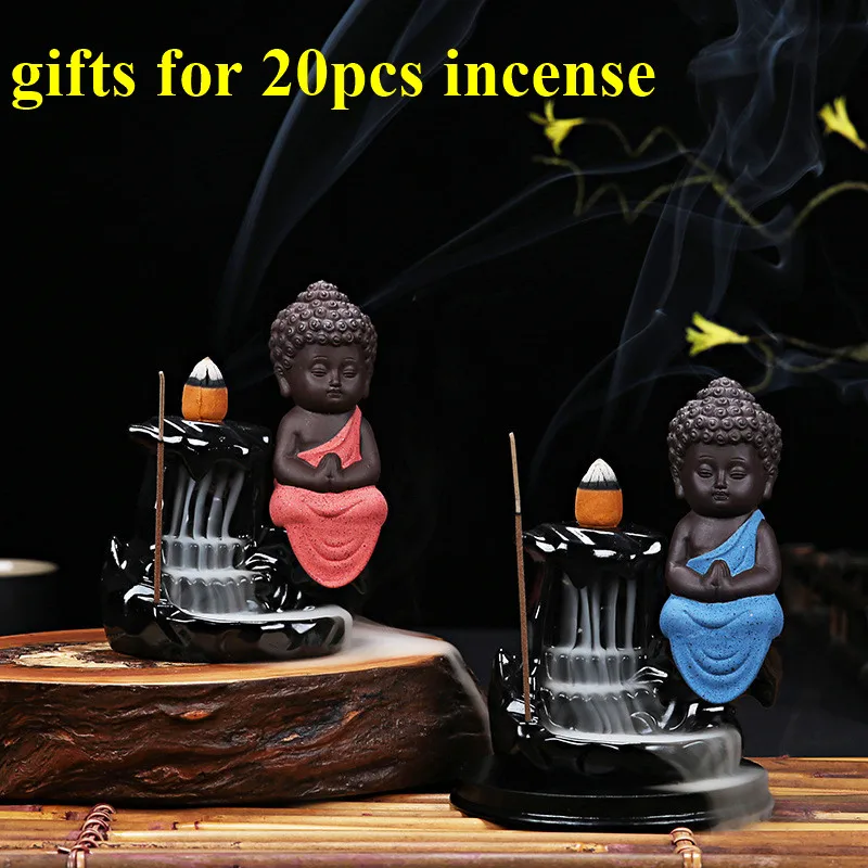 

Anonymity 20Pc Incense Cones+ Burner Creative The Little Monk Small Buddha Censer Backflow Incense Burner Use In Home Teahouse