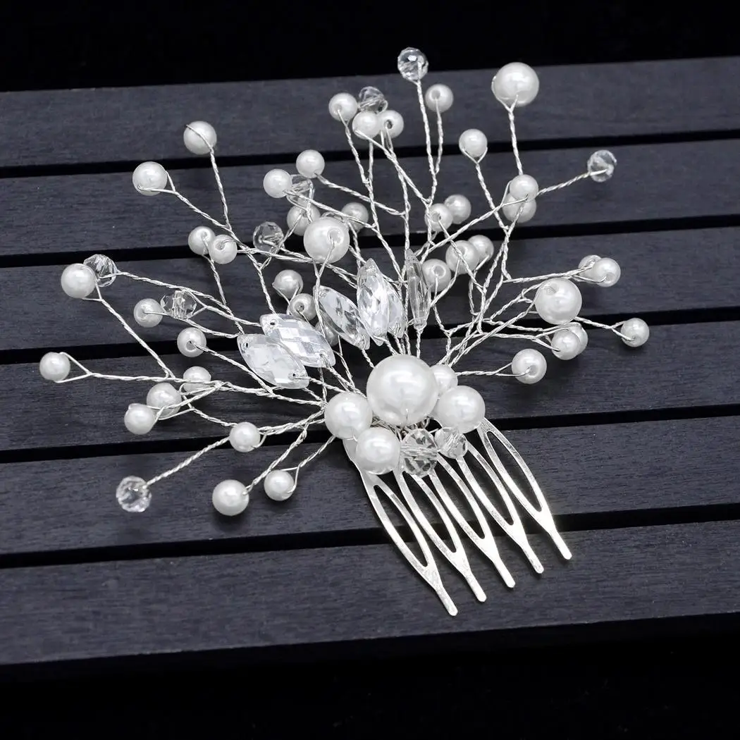 Wedding Women Hair Comb Pin Hand Made Simulated Pearls Rhinestone