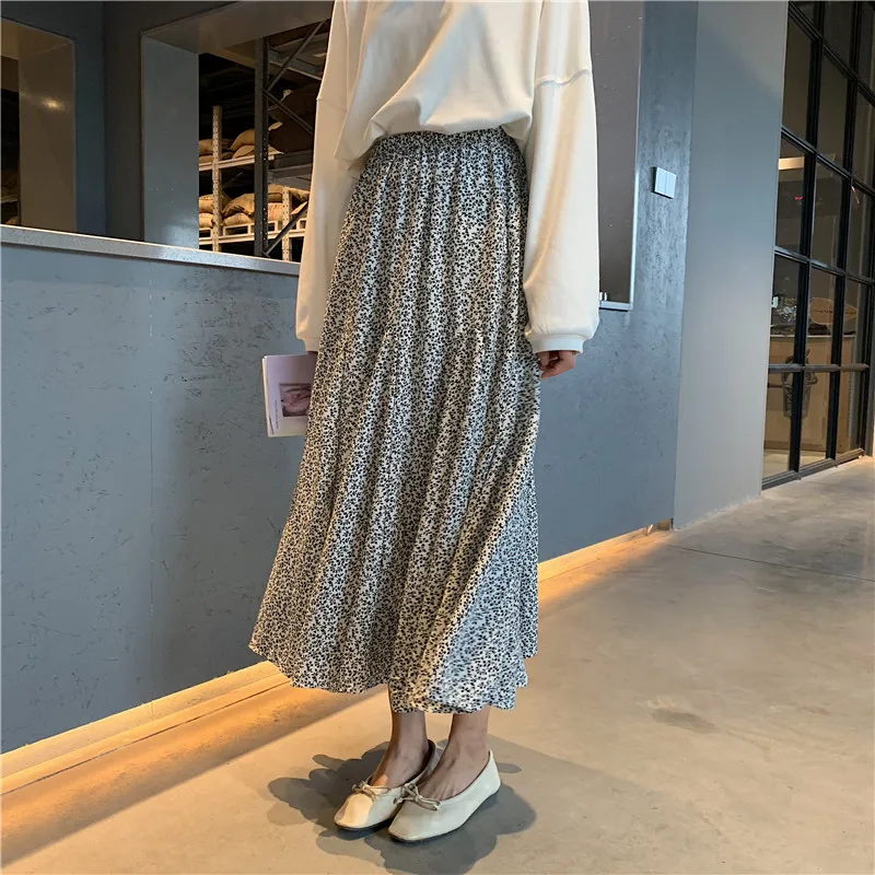 

Ailegogo Women New Floral Print Medium Long Skirt Casual Slim High Waist Ruffles Midi Skirts Black Beige Spring Skirts