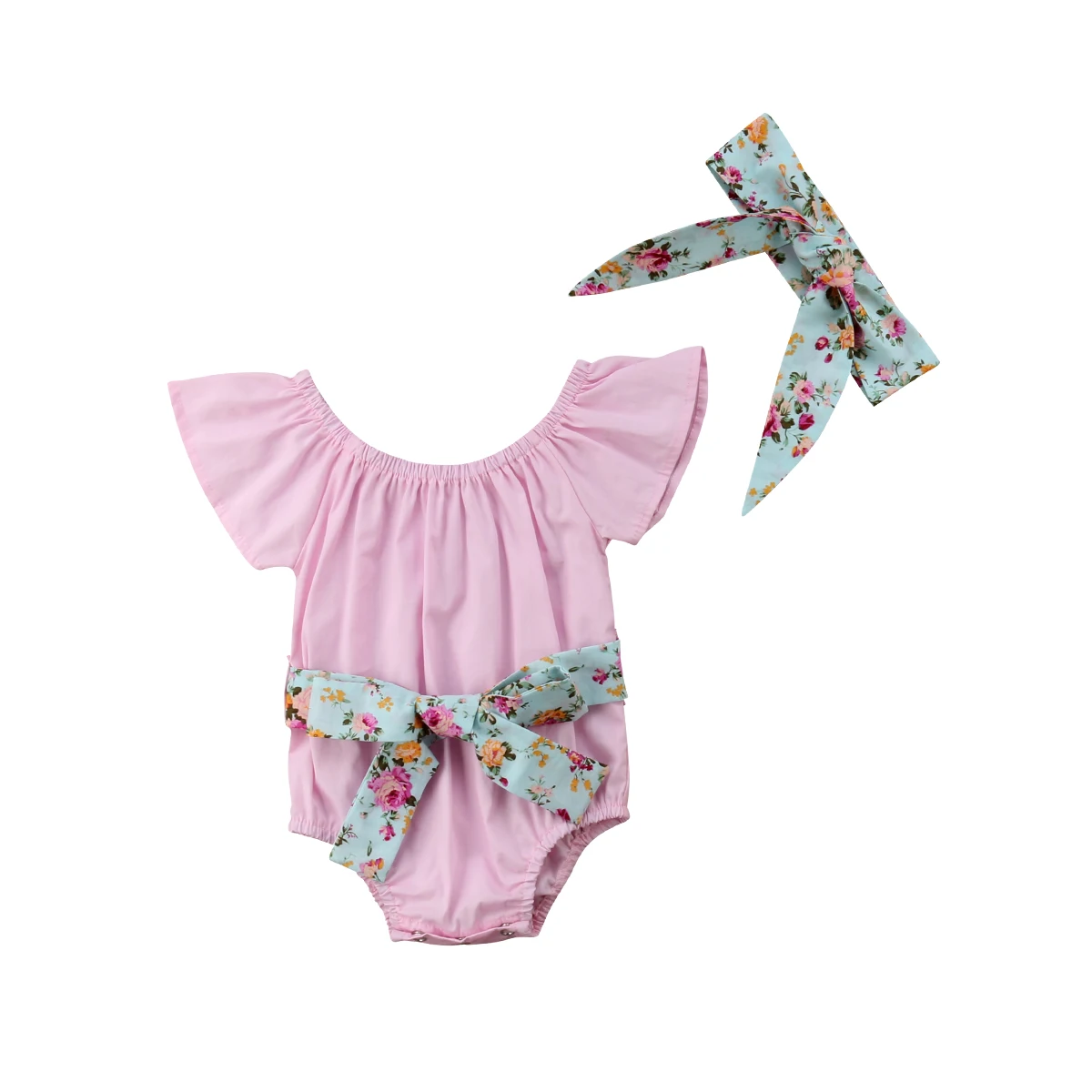 

Cute Newborn Infant Baby Girl Fly Sleeve Cotton Romper Jumpsuit Floral Headband 2PCS Outfits Baby Clothes