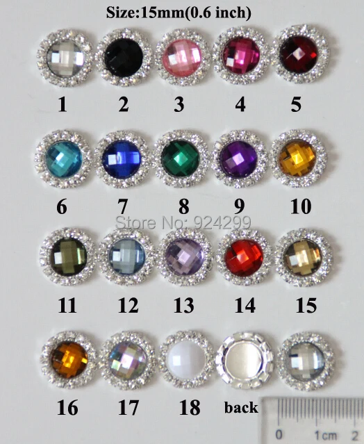 

Free Shipping 15mm 100pcs/lot 18 Colors Flatback Round Rhinestone Button For Hair Flower Wedding Invitation BYM01010-1