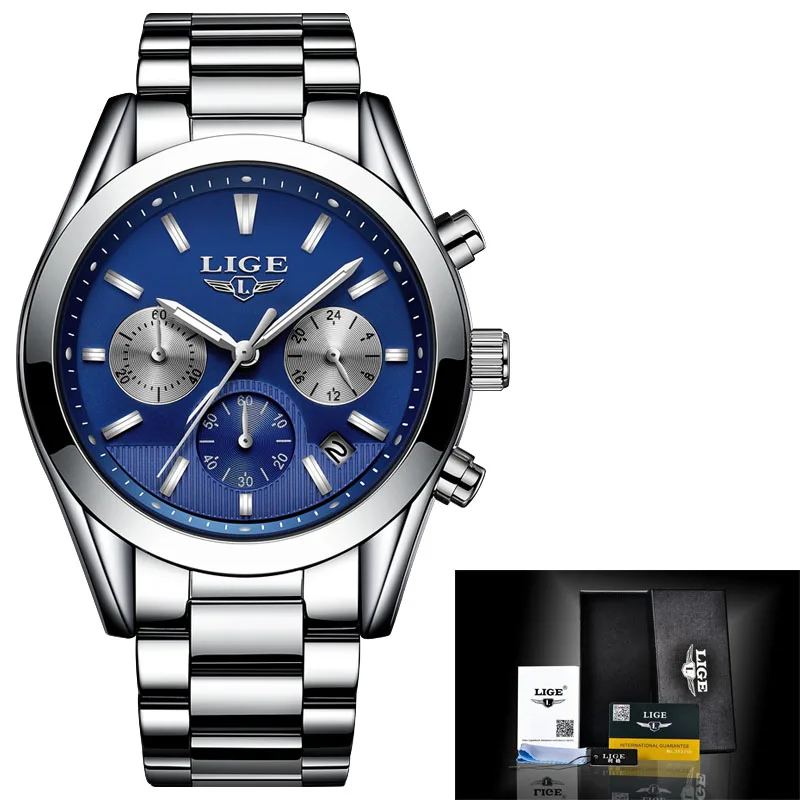 Новинка года LIGE часы мужские Военная Униформа водонепроницаемый Лидирующий бренд часы нержавеющая сталь кварцевые часы человек - Цвет: Silver blue