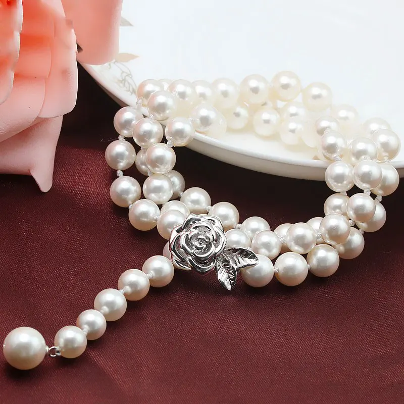 

Newest Women's Trendy Jewelry Simple Design Shell Pearl Necklace With Genuine 925 Sterling Silver Rose Flower Clasp SPN-D014