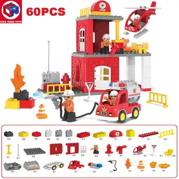 

Kid's Home Toys City Fire Station Fire Engine Duploe Large Size Building Blocks Fireman Figures Large Particle Compatible Duploe