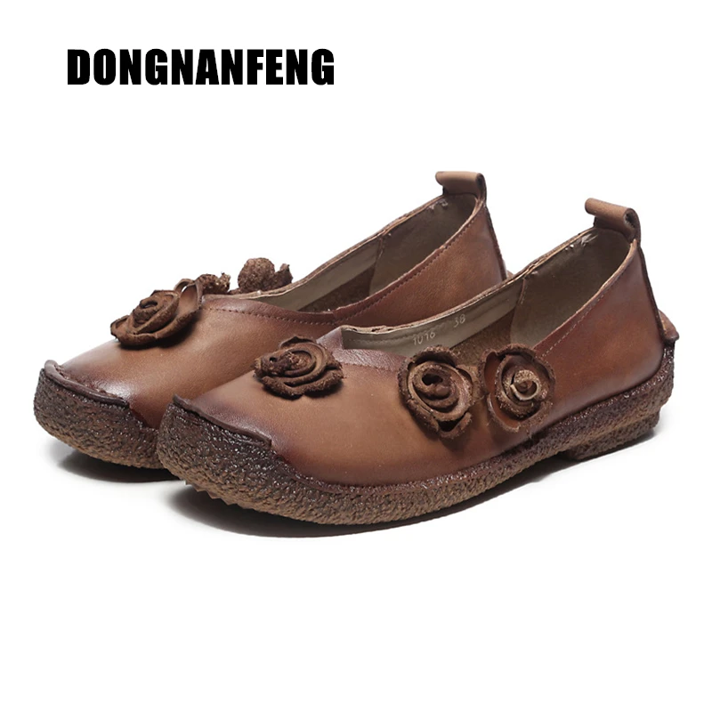 

DONGNANFENG Women Old Female Mother Ladies Cow Genuine Leather Pigskin Floral Flower Loafers Non Slip On Casual 35-40 FR-1016