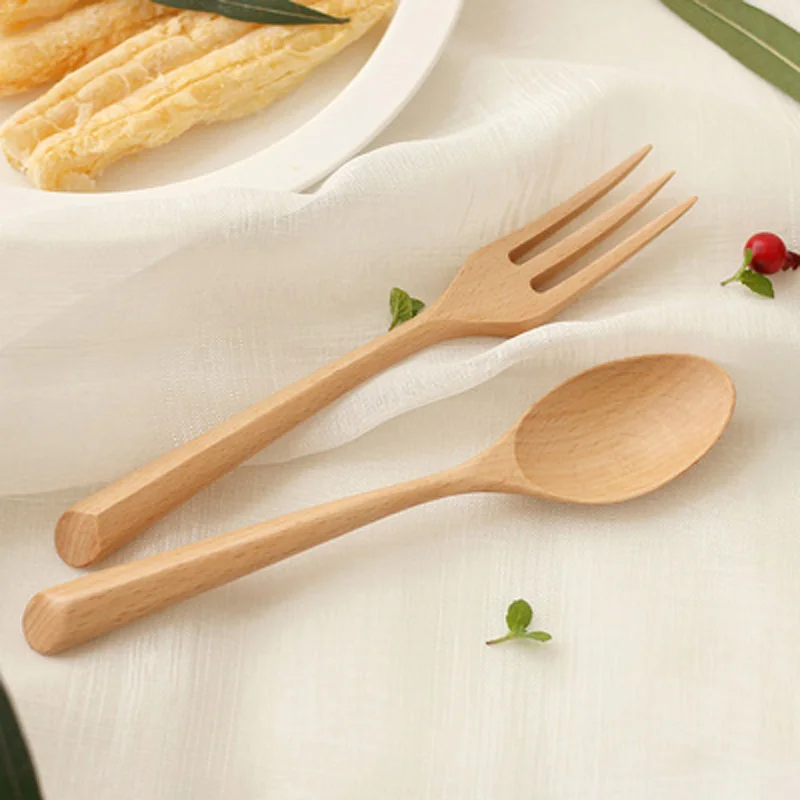 Natural Wood Dinnerware Set Handmade Salad Dinner Fork Desert Teaspoon