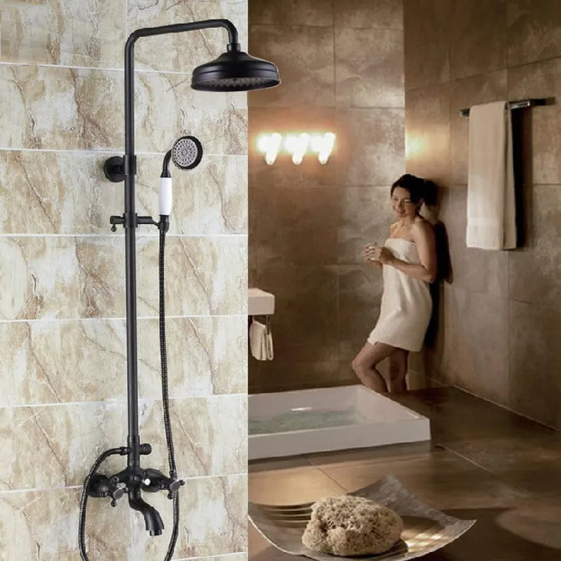

Black Oil Rubbed Brass Dual Cross Handles Bathroom Rainfall Rain Shower Head Faucet Set Bathtub Mixer Tap Wall Mounted mrs453