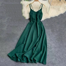 Marwin nueva llegada Primavera Verano vacaciones vestido tira de espagueti cruzada espalda abierta sólida playa estilo tobillo-longitud vestidos de las mujeres