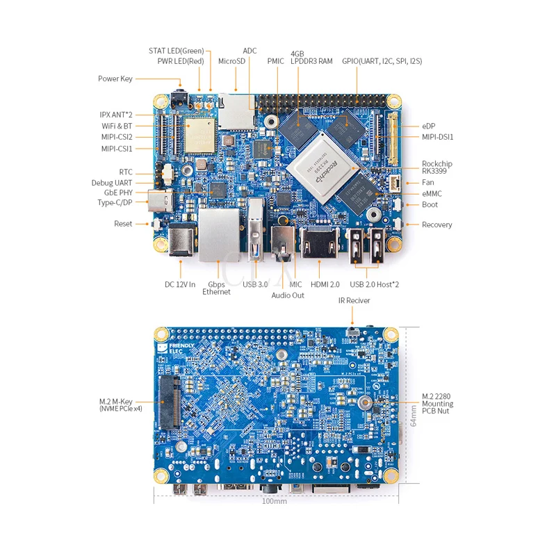 NanoPC-T4 Rockchip RK3399 Cortex-A72 Cortex-A53 VR AI OpenCV TensorFlow MIPI Dual band wifi M.2PC EC20 4G 16GB EMMC