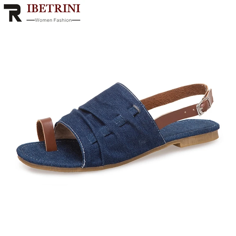 

RIBETRINI 2019 Brand New Large Size 34-43 Denim Summer Sandals Women Low Heels Fabric Comfort Sandals Women Casual Shoes Woman